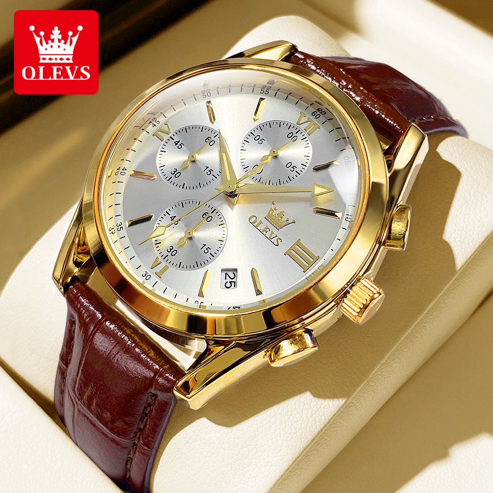 Leather Watch Band Men - OLEVS 2872 Chronograph Men's Wristwatches Leather