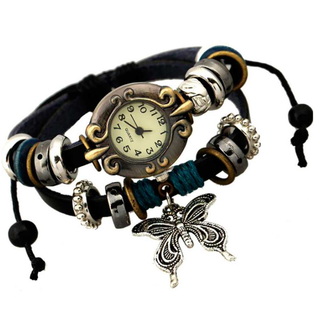 Leather Watch Band Men - Handmade Butterfly Beads Bracelet Quartz Watch