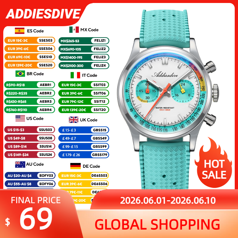 Rubber Strap Diver - ADDIESDIVE NEW Multifunction Chronograph Watch Domed