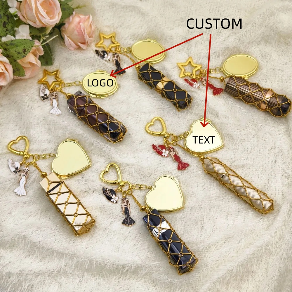 Mesh Strap Metal - Fashionable Lipstick Storage Keychain Mini Mirror