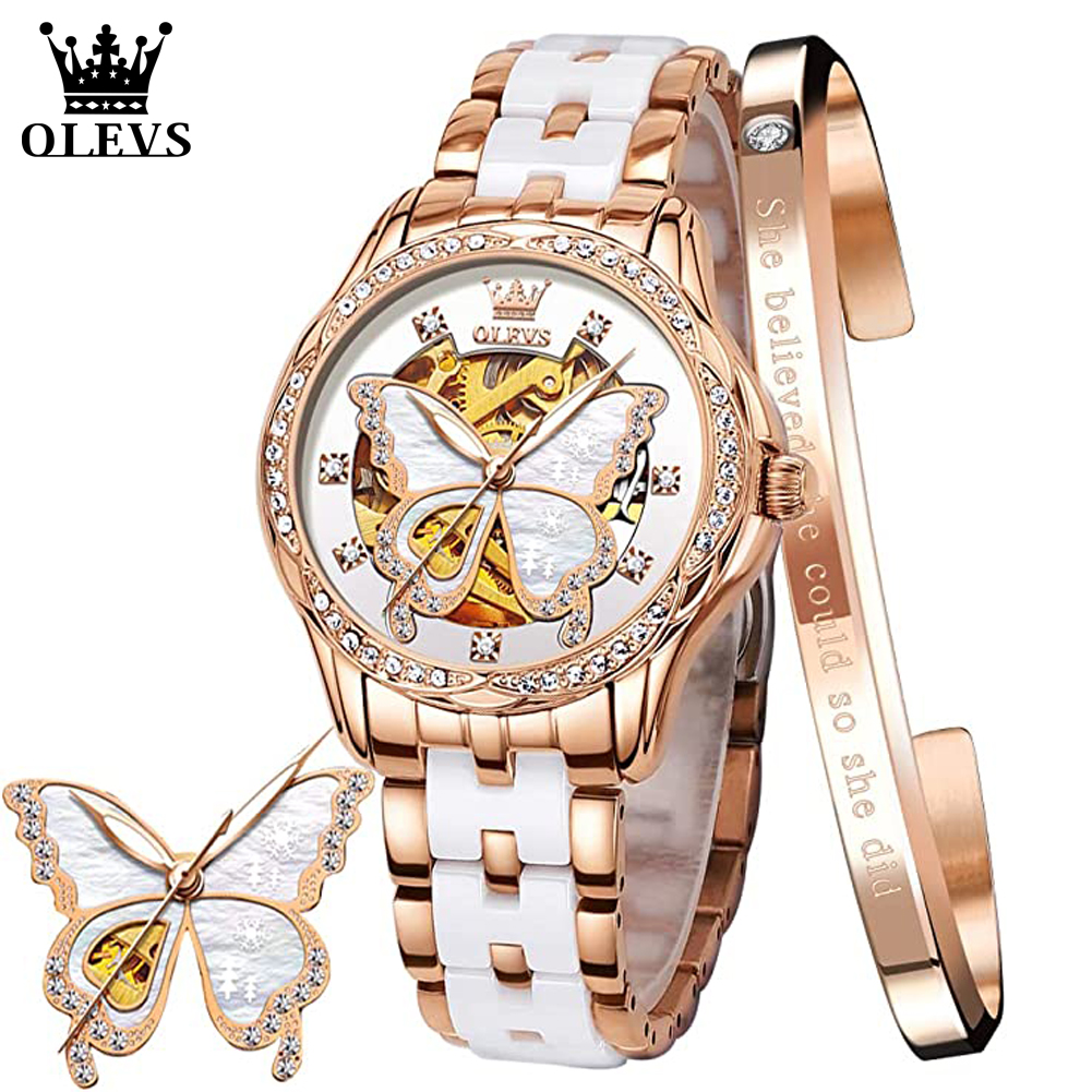 Butterfly Clasp Deployant - OLEVS Women's Automatic Watches Skeleton Mechanical